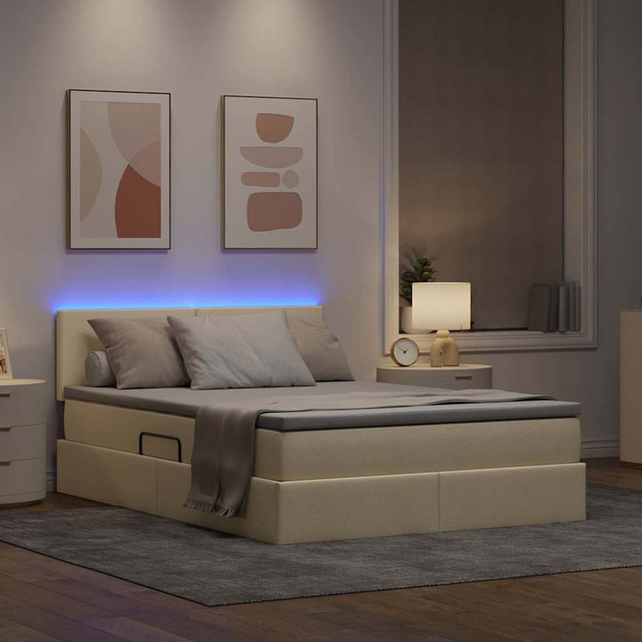 Seng med opbevaring og LED med madras Creme 140 x 200 cm Stof