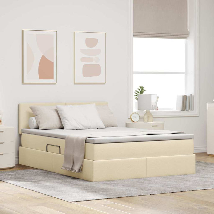 Seng med opbevaring og LED med madras Creme 140 x 200 cm Stof