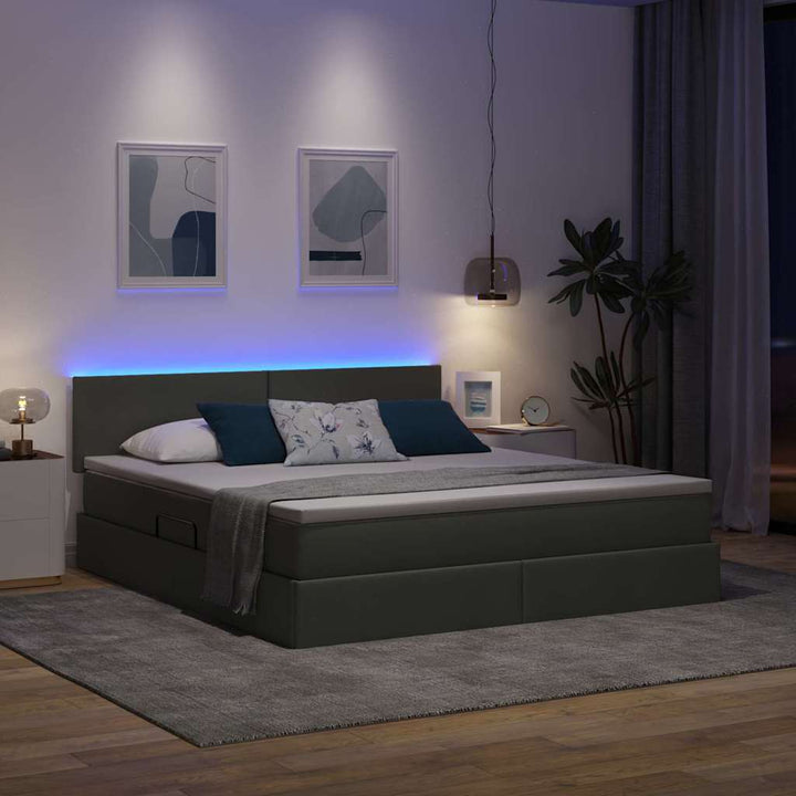 Seng med opbevaring og LED med LED Mørkegrå 160 x 200 cm Stof