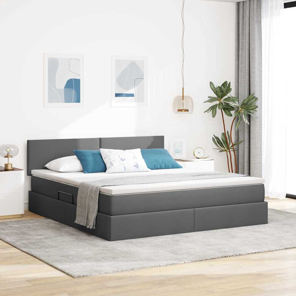 Seng med opbevaring og LED med LED Mørkegrå 160 x 200 cm Stof