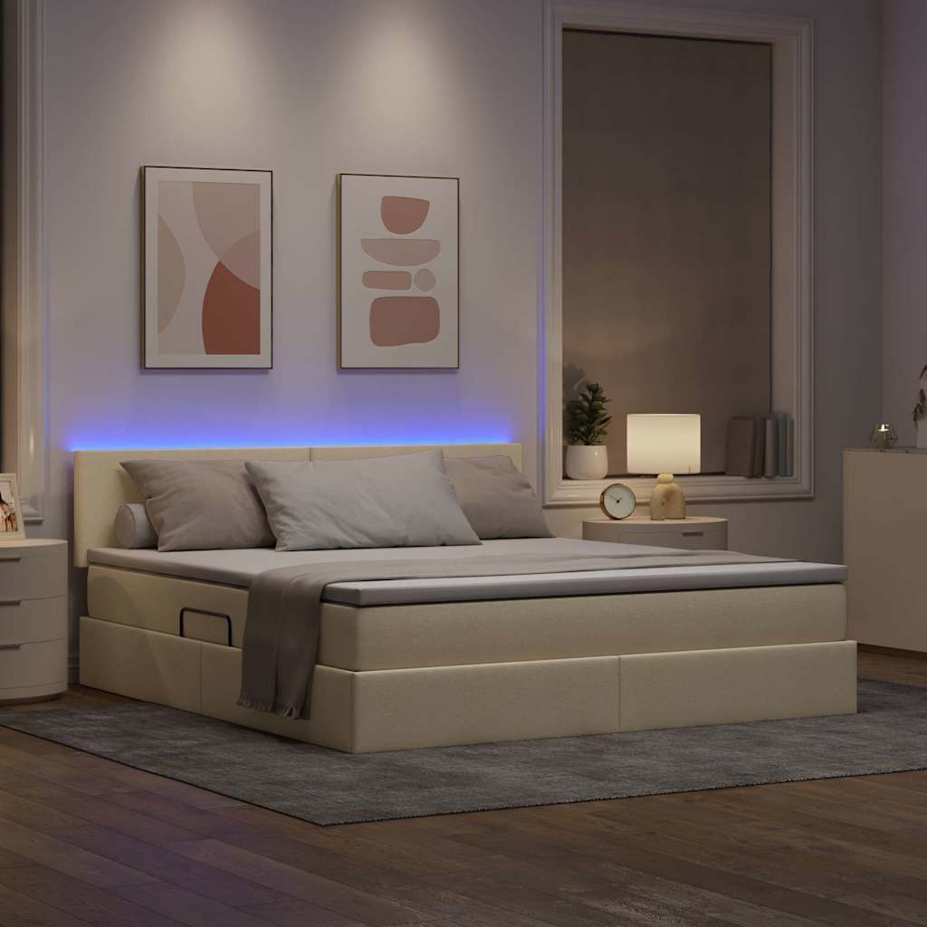 Seng med opbevaring og LED med madras Creme 160 x 200 cm Stof
