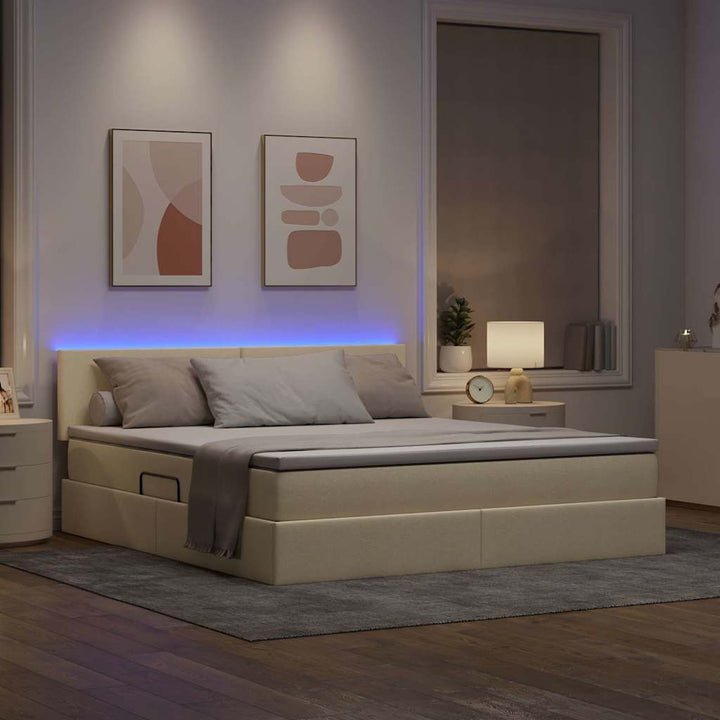 Seng med opbevaring og LED med madras Creme 160 x 200 cm Stof
