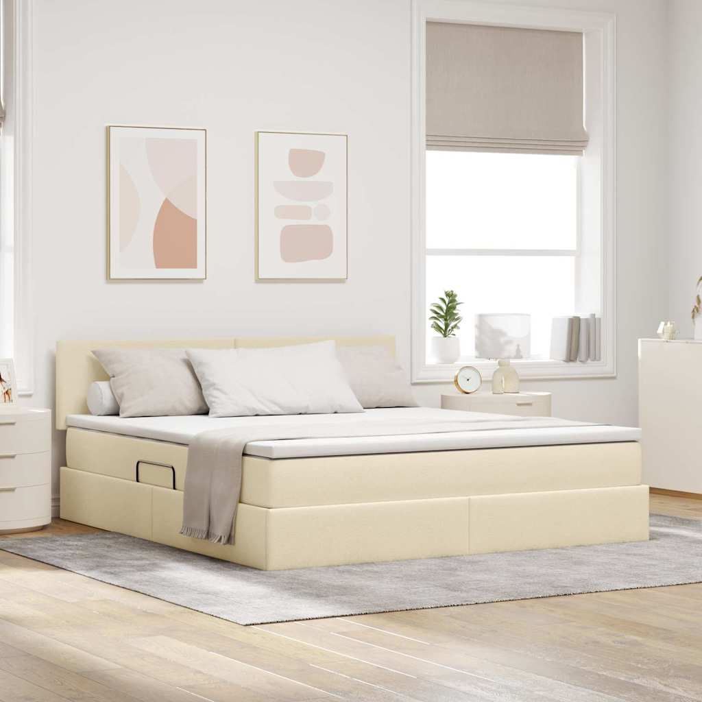 Seng med opbevaring og LED med madras Creme 160 x 200 cm Stof
