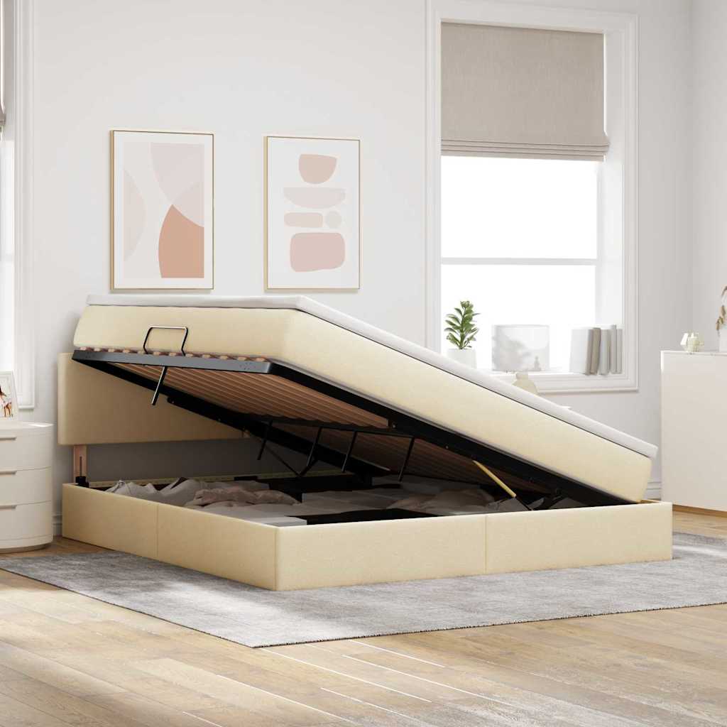 Seng med opbevaring og LED med madras Creme 160 x 200 cm Stof
