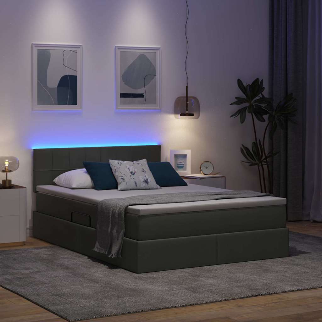 LED opbevarings seng med madras Mørkegrå 140 x 200 cm Stof