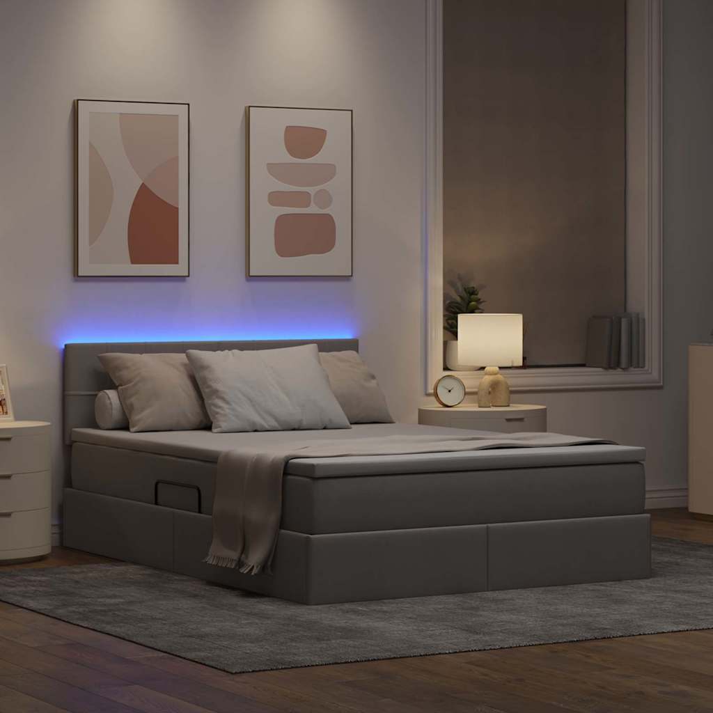 Seng med opbevaring og LED med madras Gråbrun 140 x 200 cm Stof