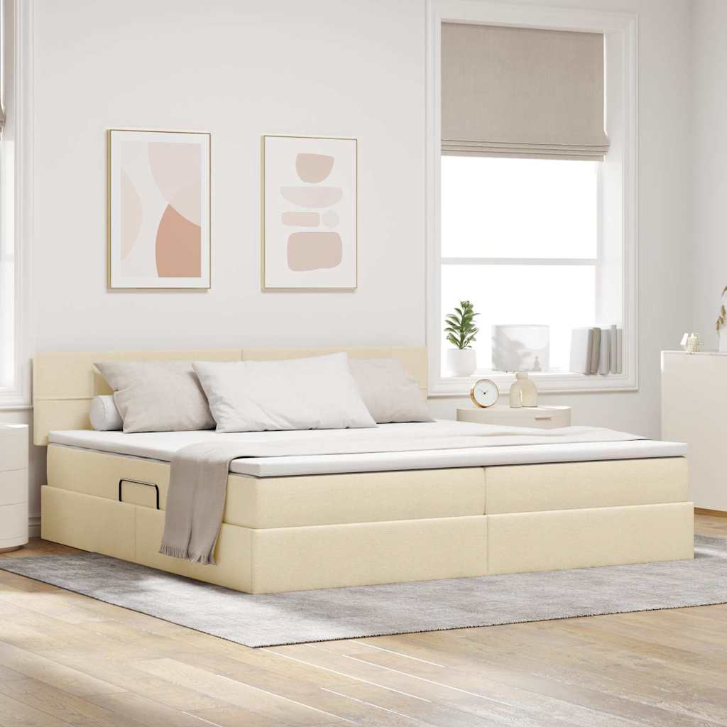 Seng med opbevaring og LED med madras Creme 200 x 200 cm Stof