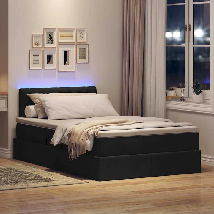 Seng med opbevaring og LED med madras Sort 120 x 200 cm Stof
