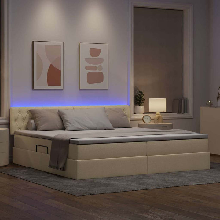 Seng med opbevaring og LED med madras Creme 200 x 200 cm Stof
