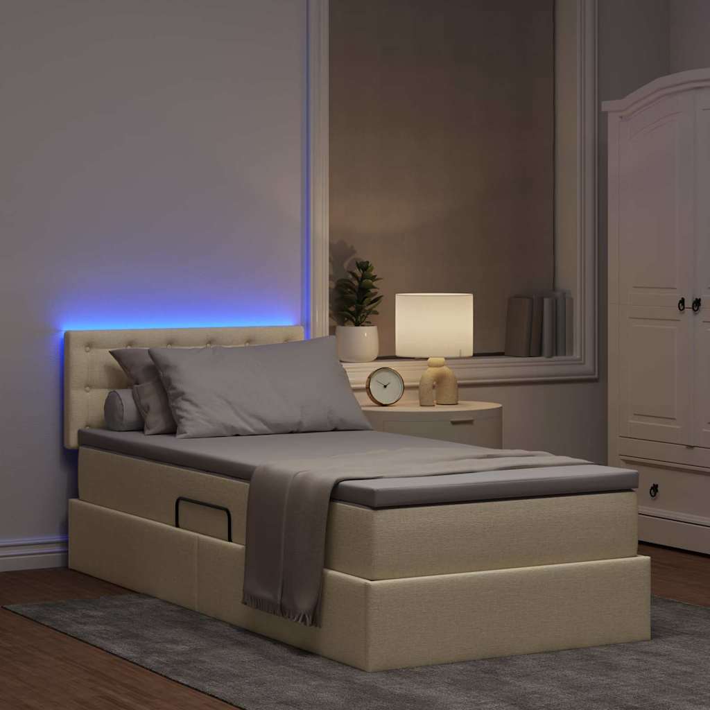 LED opbevarings seng med madras Creme 90 x 200 cm Stof