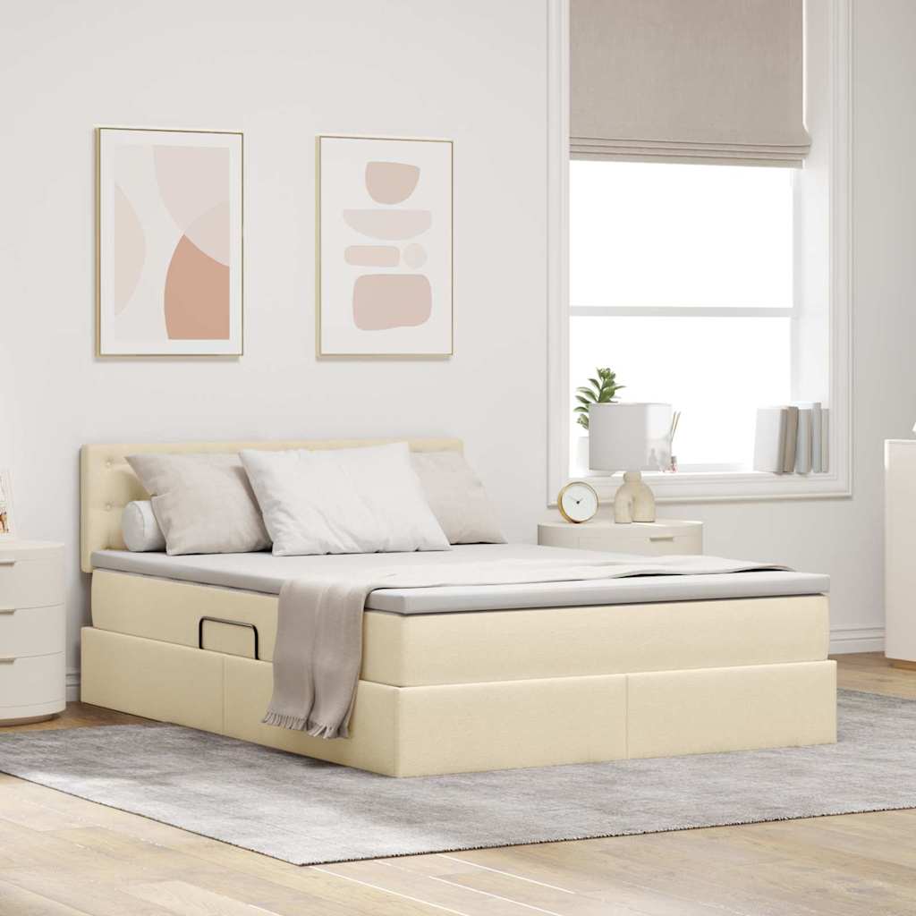 Seng med opbevaring og LED med madras Creme 140 x 190 cm Stof