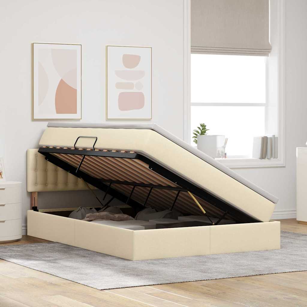 Seng med opbevaring og LED med madras Creme 140 x 190 cm Stof