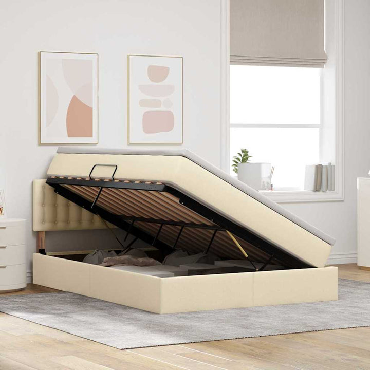 Seng med opbevaring og LED med madras Creme 140 x 190 cm Stof