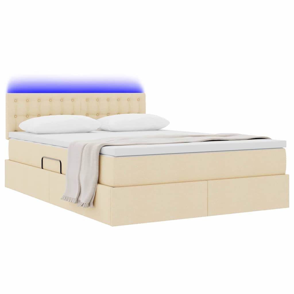 Seng med opbevaring og LED med madras Creme 140 x 190 cm Stof