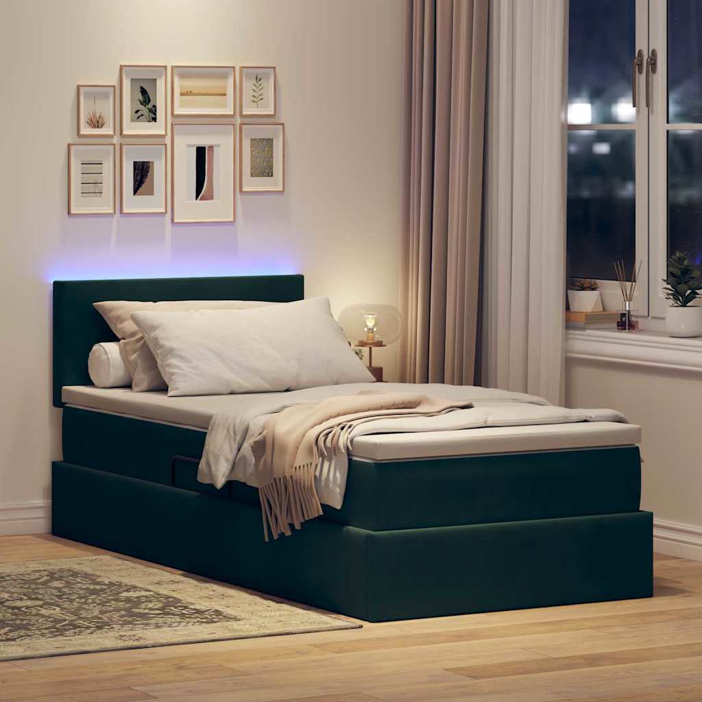 LED opbevarings seng med madras Mørkegrøn 100 x 200 cm Fløjl