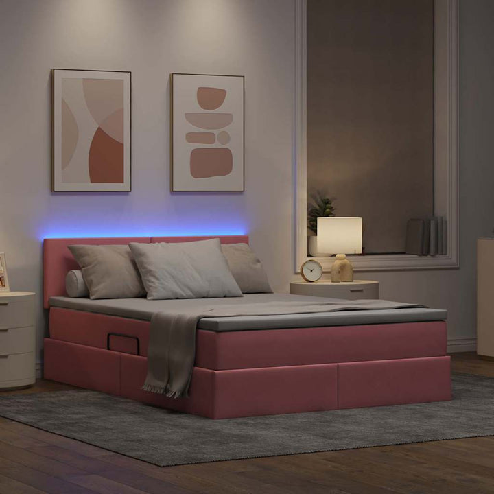 LED opbevarings seng med madras Lyserød 140 x 190 cm Fløjl