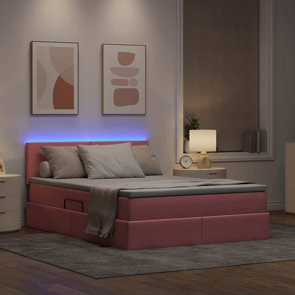 LED opbevarings seng med madras Lyserød 140 x 200 cm Fløjl