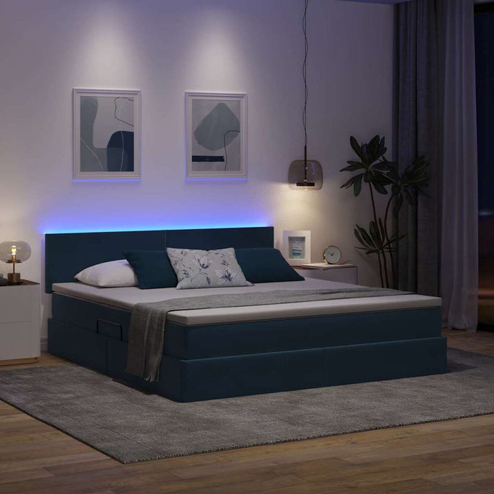 LED opbevarings seng med madras Mørk blå 160 x 200 cm Fløjl