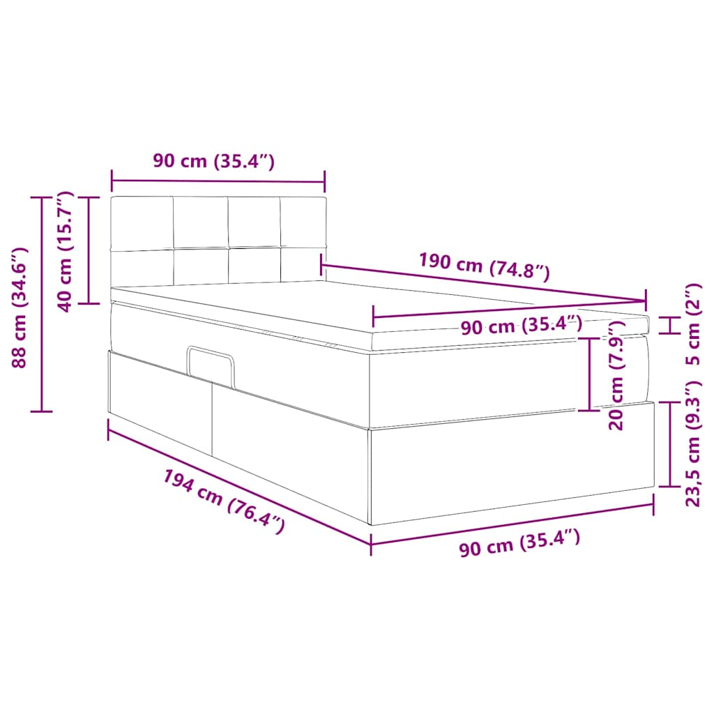 LED opbevarings seng med madras Sort 90 x 190 cm Fløjl