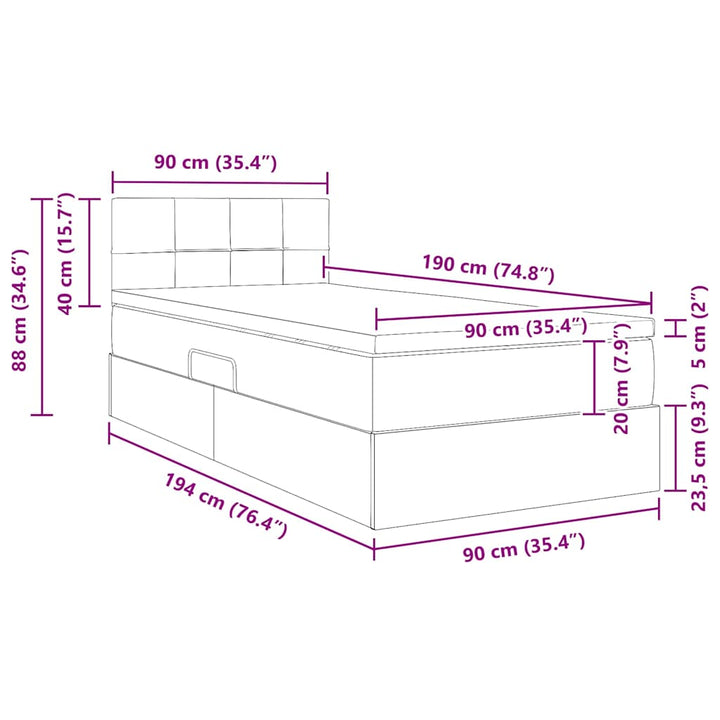 LED opbevarings seng med madras Sort 90 x 190 cm Fløjl