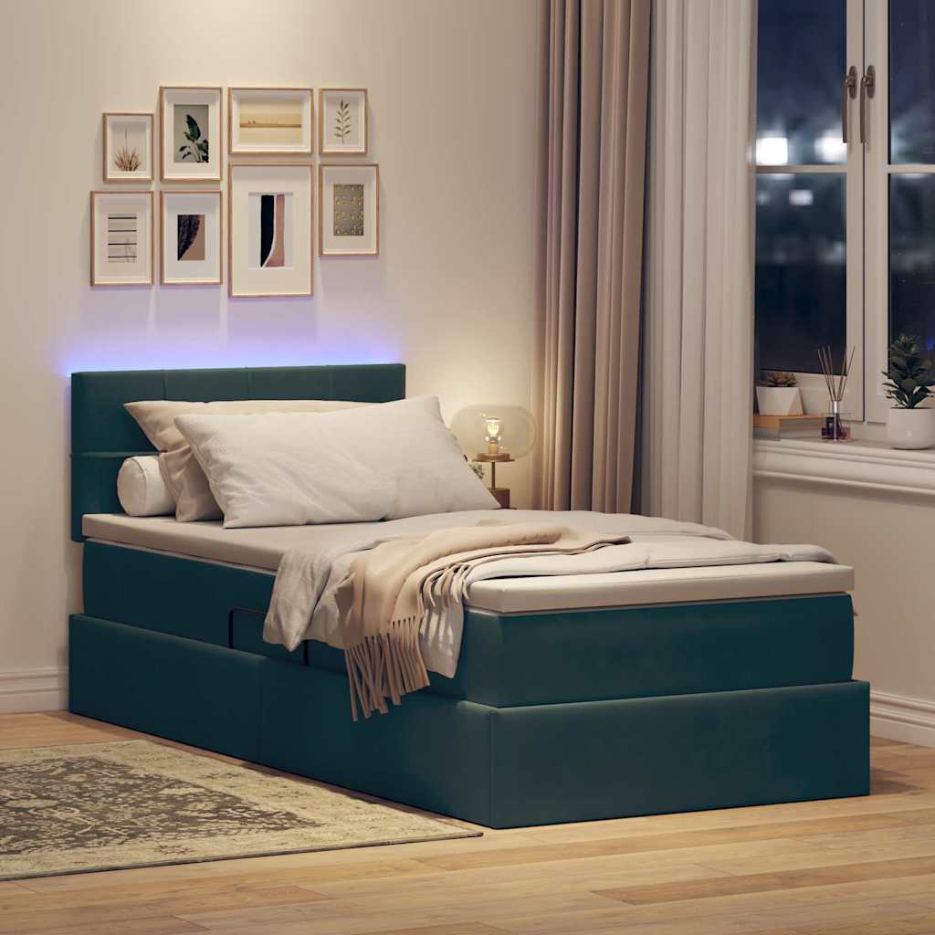LED opbevarings seng med madras Mørkegrøn 90 x 200 cm Fløjl