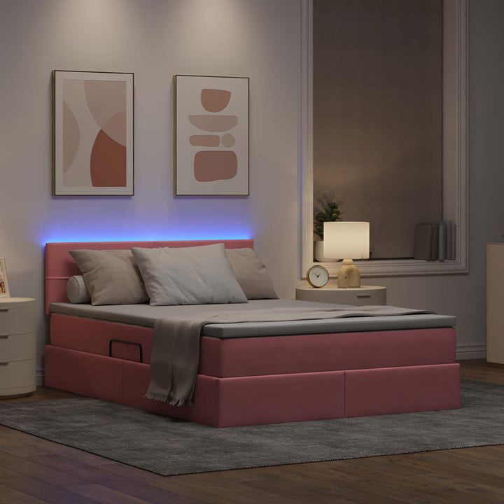 LED opbevarings seng med madras Lyserød 140 x 190 cm Fløjl