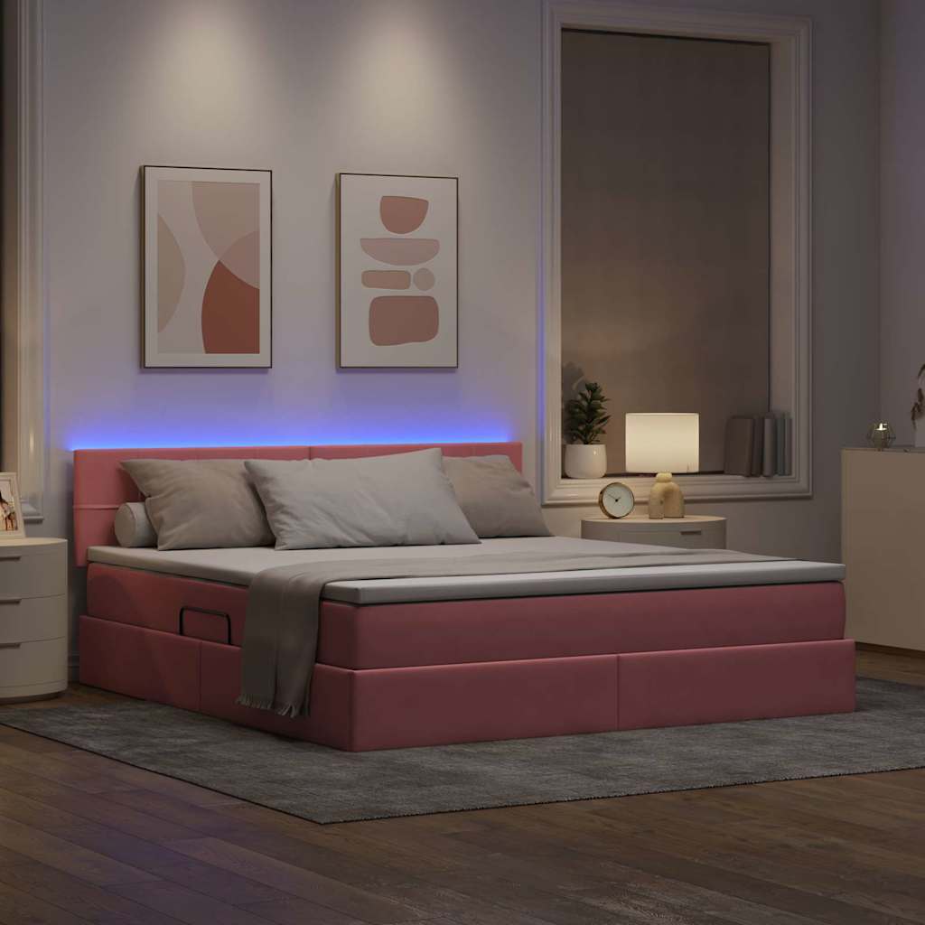 Seng med opbevaring og LED med LED Lyserød 160 x 200 cm Fløjl