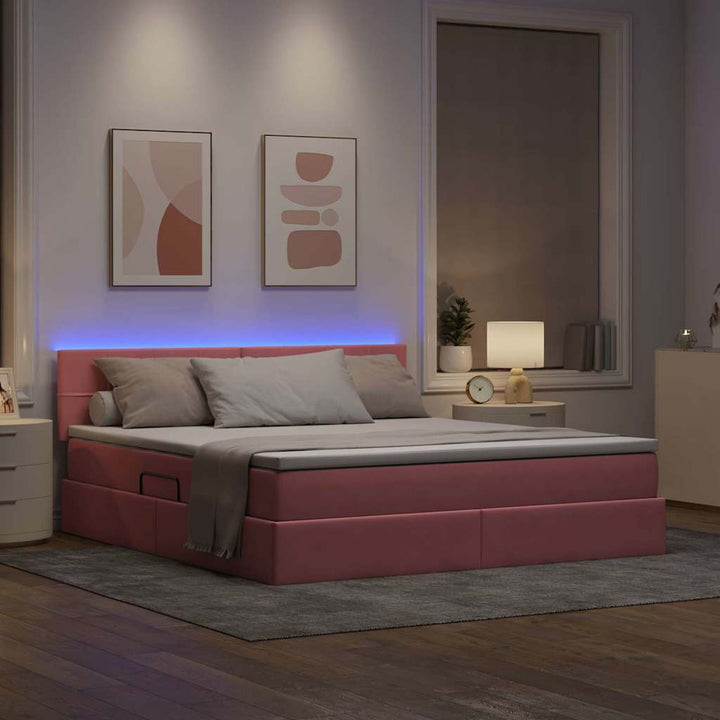Seng med opbevaring og LED med LED Lyserød 160 x 200 cm Fløjl