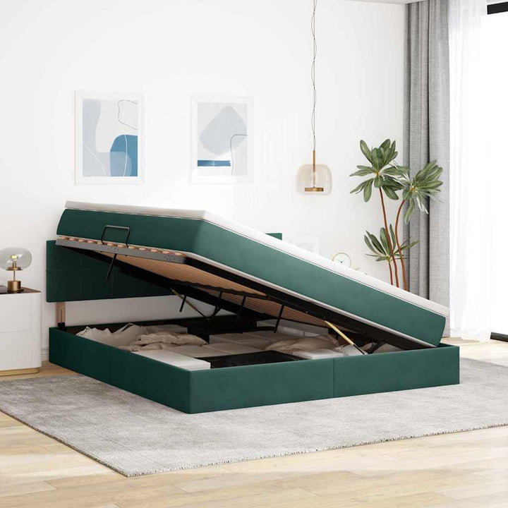 LED opbevarings seng med madras Mørkegrøn 180 x 200 cm Fløjl