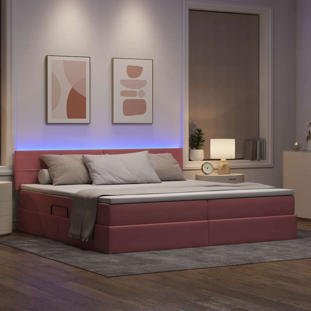 LED opbevarings seng med madras Lyserød 200 x 200 cm Fløjl