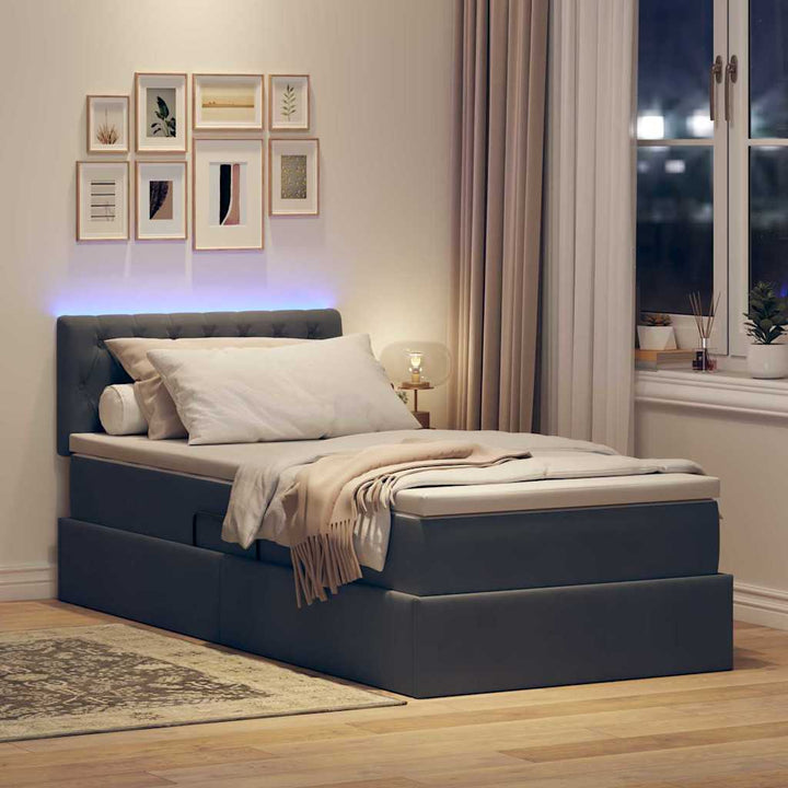 Seng med opbevaring og LED med LED Mørkegrå 90 x 200 cm Fløjl