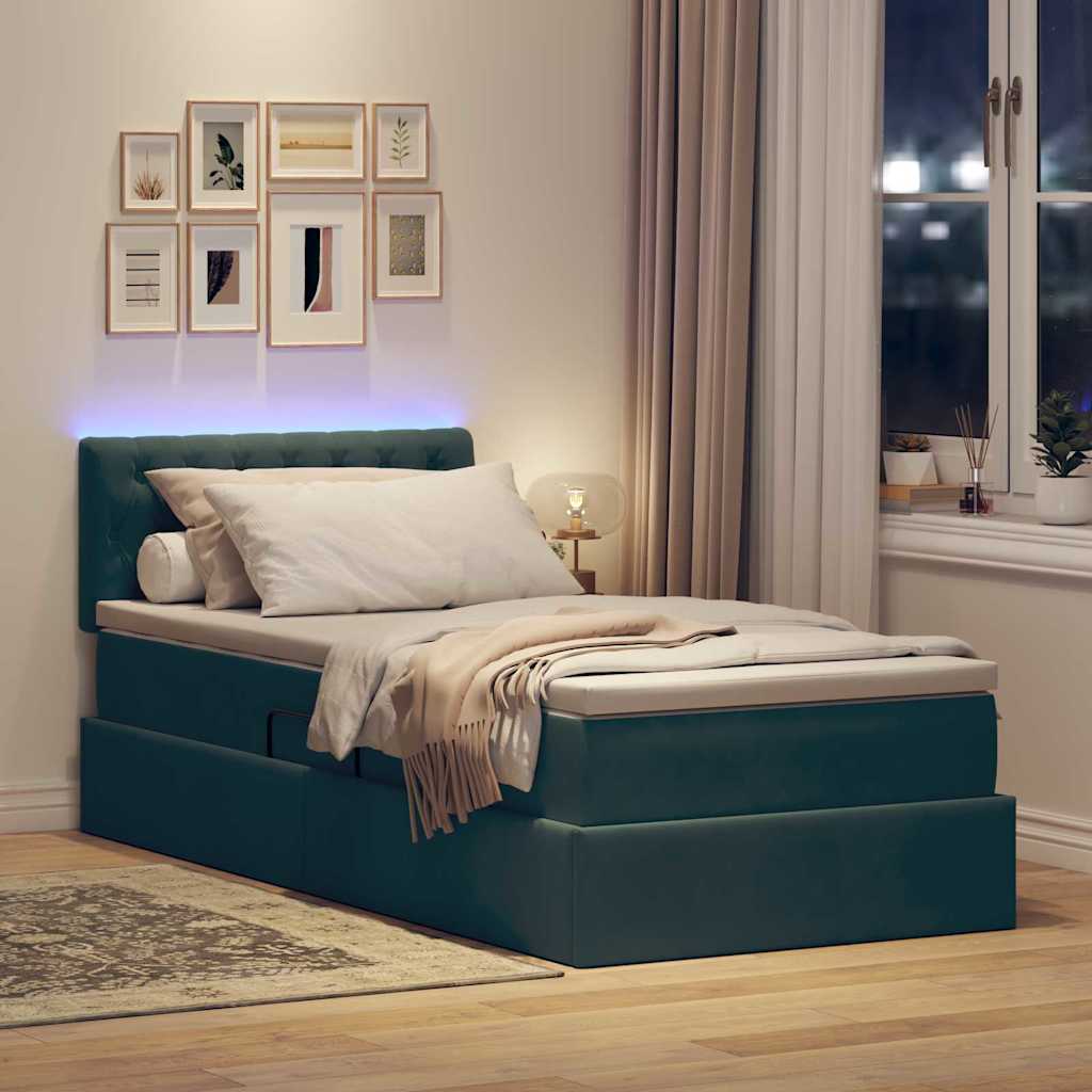LED opbevarings seng med madras Mørkegrøn 100 x 200 cm Fløjl
