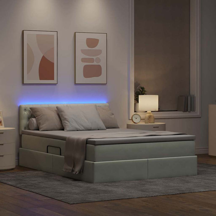 LED opbevarings seng med madras Lysegrå 140 x 190 cm Fløjl