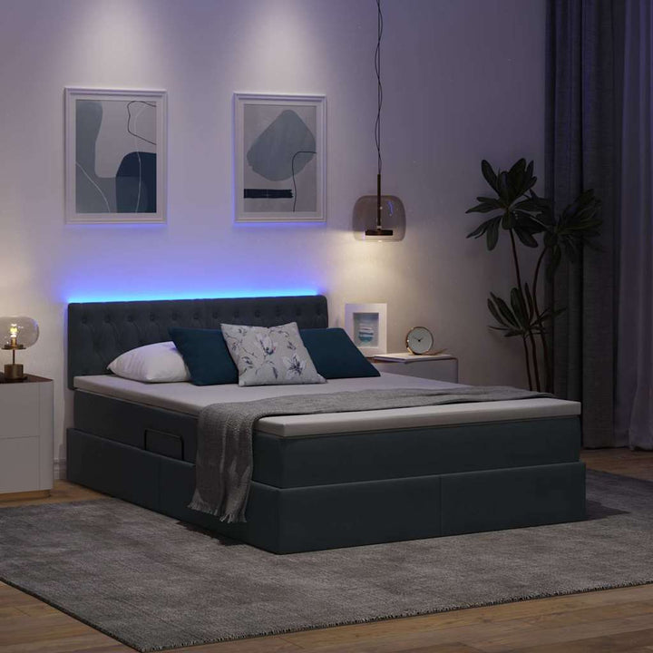 LED opbevarings seng med madras Mørkegrå 140 x 190 cm Fløjl