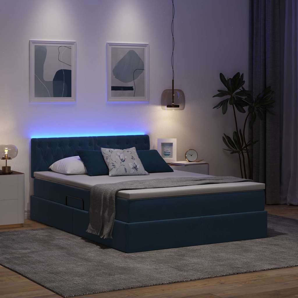 LED opbevarings seng med madras Mørk blå 140 x 190 cm Fløjl