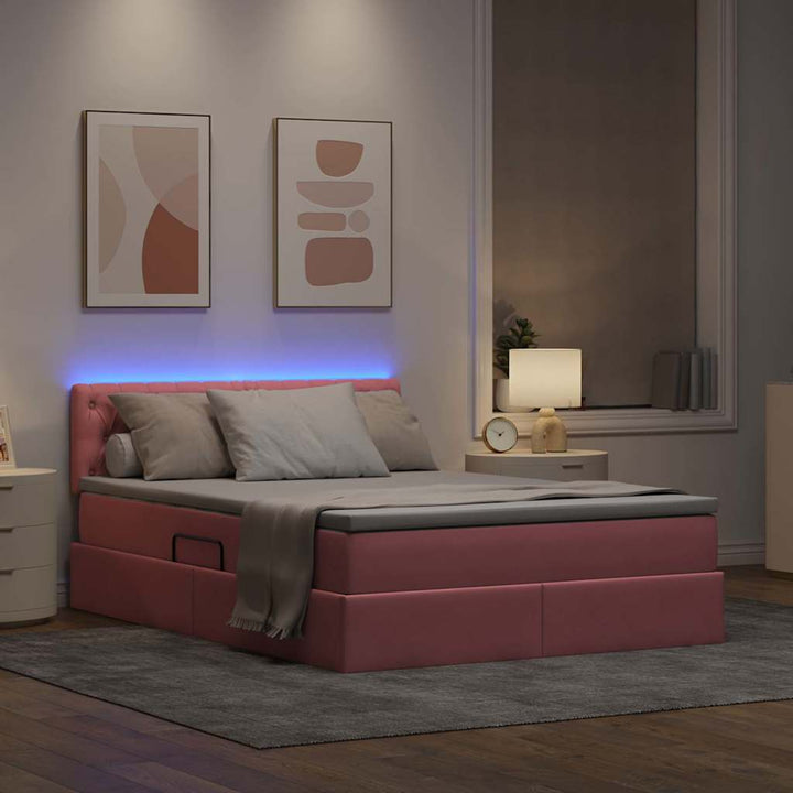 LED opbevarings seng med madras Lyserød 140 x 190 cm Fløjl