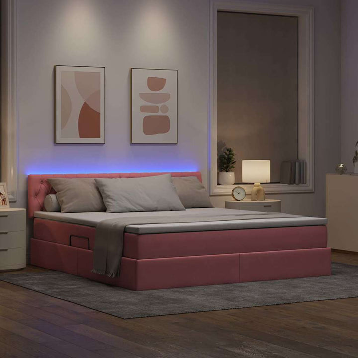 LED opbevarings seng med madras Lyserød 160 x 200 cm Fløjl