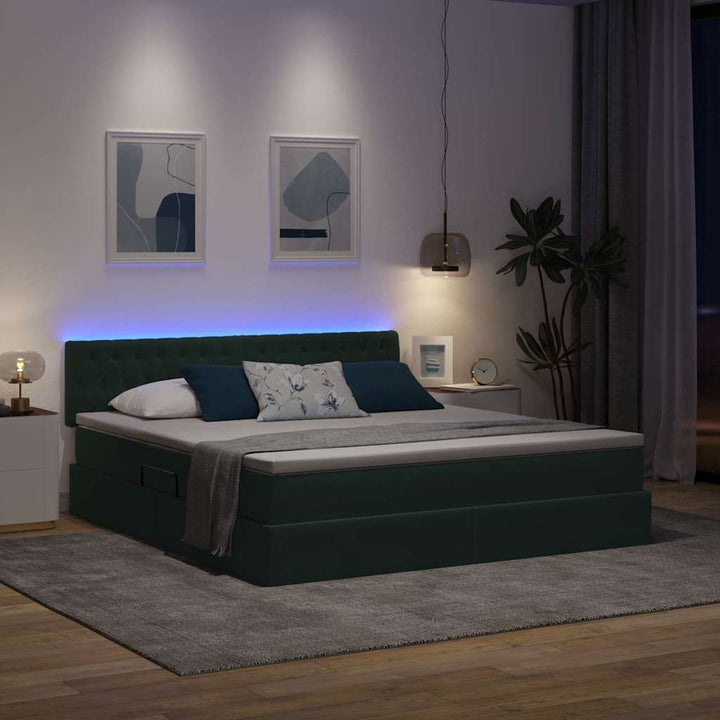 LED opbevarings seng med madras Mørkegrøn 180 x 200 cm Fløjl