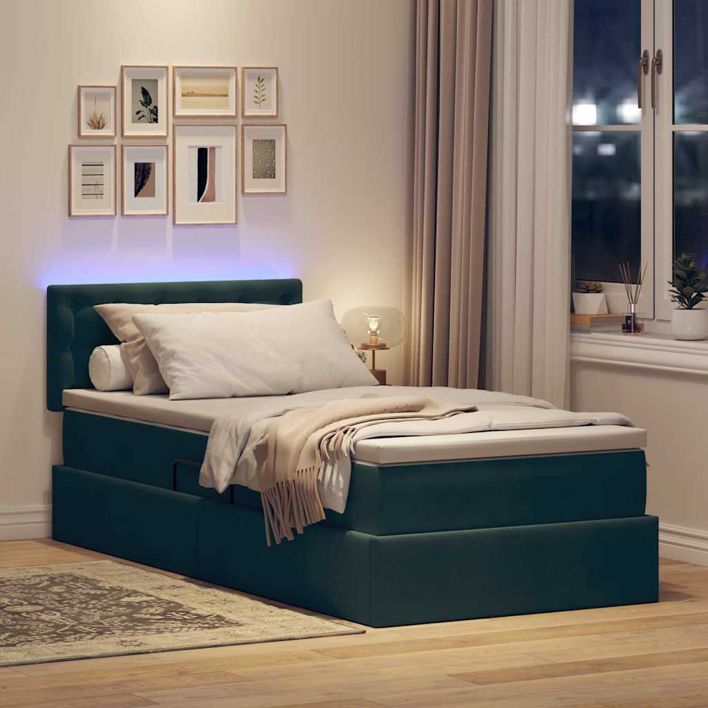LED opbevarings seng med madras Mørkegrøn 90 x 190 cm Fløjl