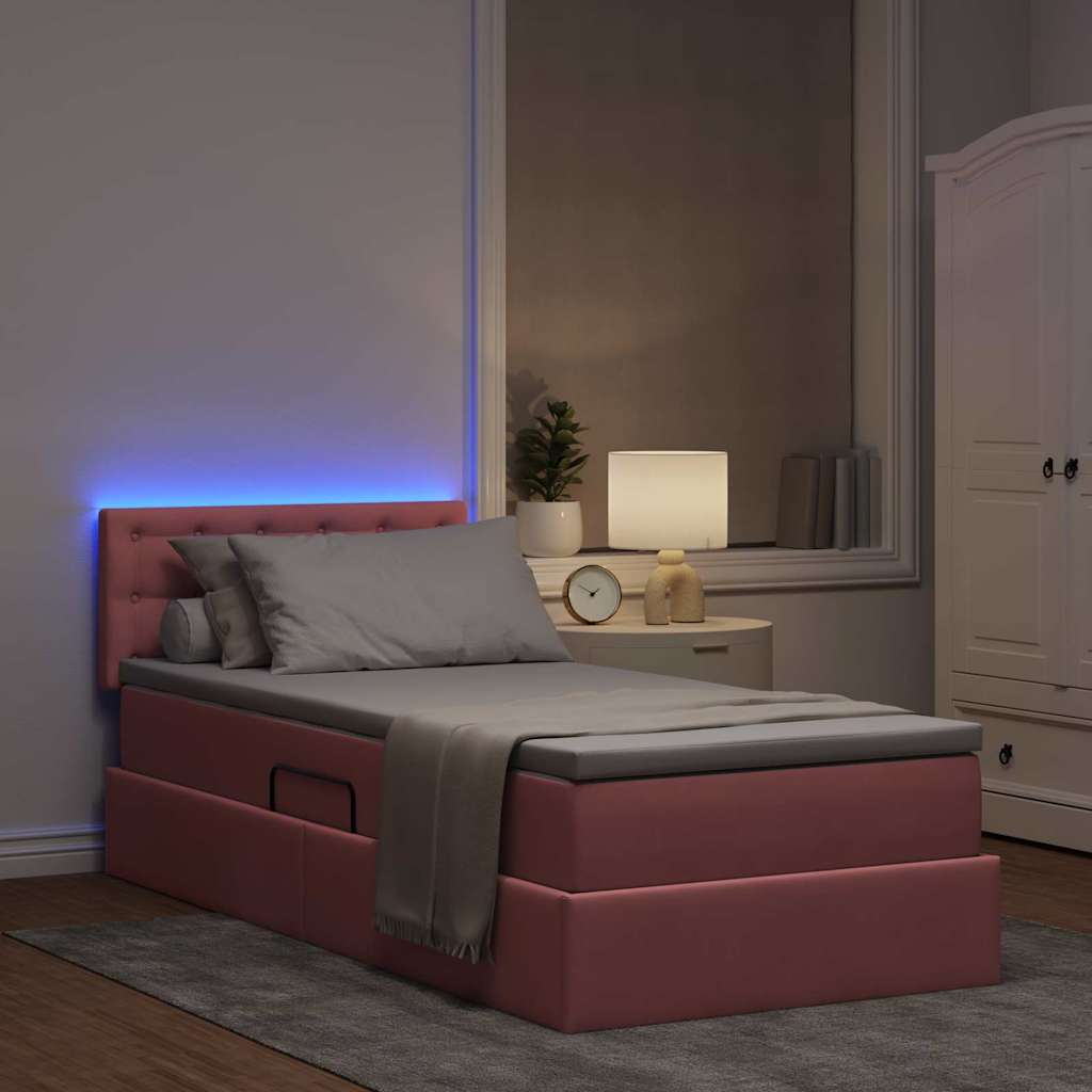 Seng med opbevaring og LED med madras Lyserød 90 x 190 cm Fløjl