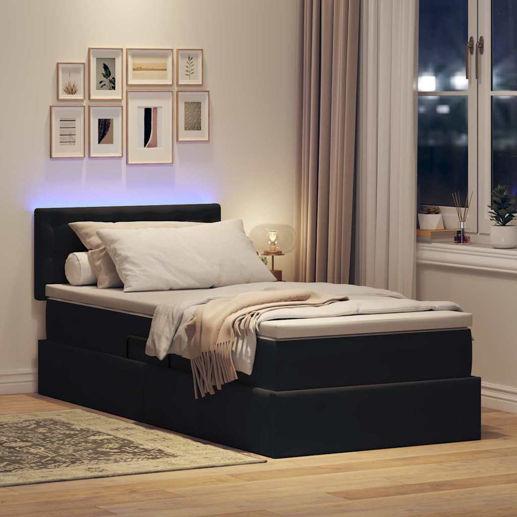 LED opbevarings seng med madras Sort 90 x 200 cm Fløjl