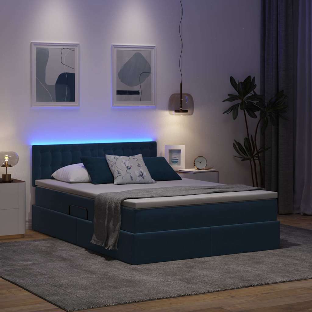 LED opbevarings seng med madras Mørk blå 140 x 190 cm Fløjl