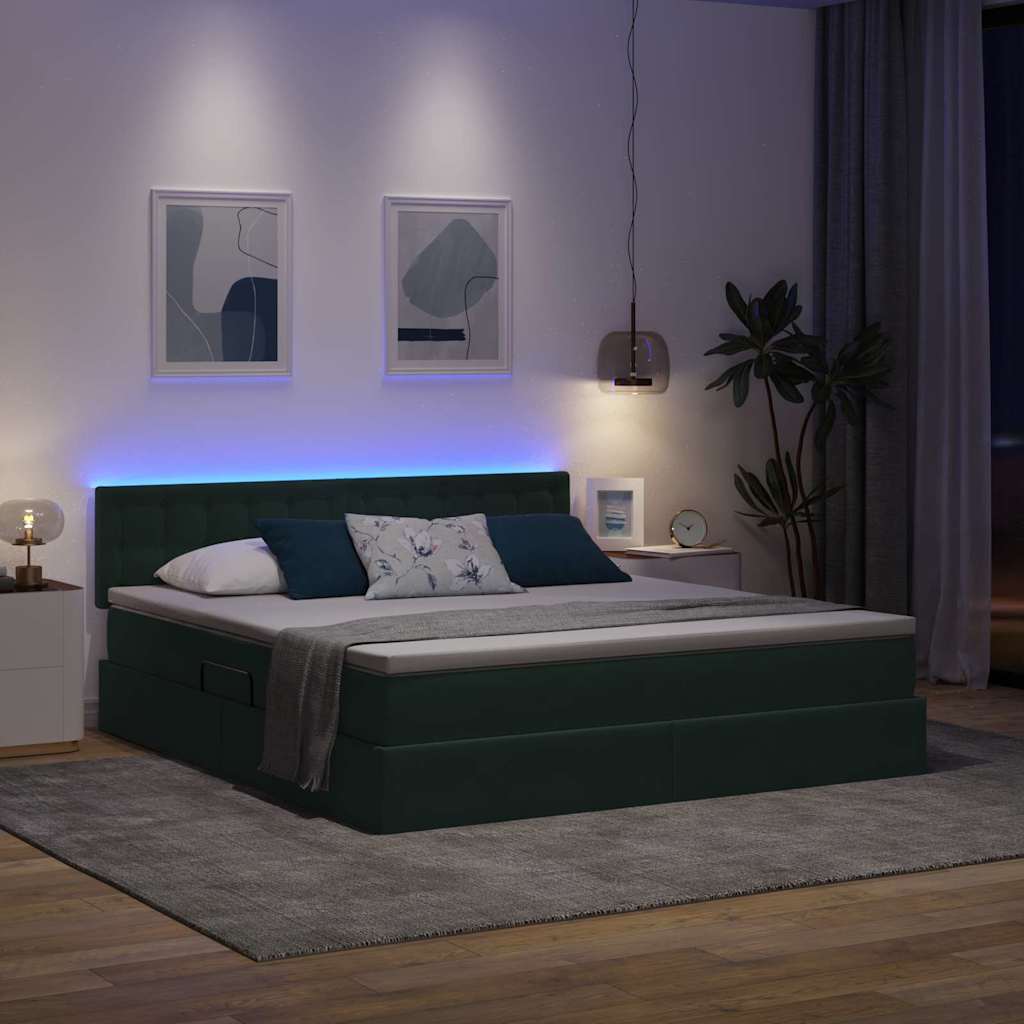 LED opbevarings seng med madras Mørkegrøn 180 x 200 cm Fløjl