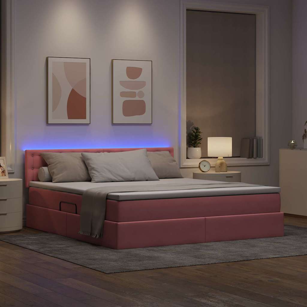 LED opbevarings seng med madras Lyserød 180 x 200 cm Fløjl