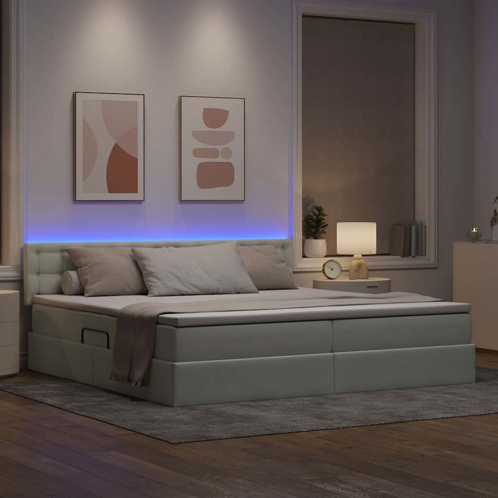 LED opbevarings seng med madras Lysegrå 200 x 200 cm Fløjl