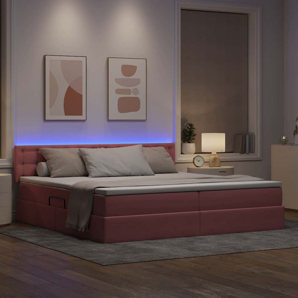 LED opbevarings seng med madras Lyserød 200 x 200 cm Fløjl