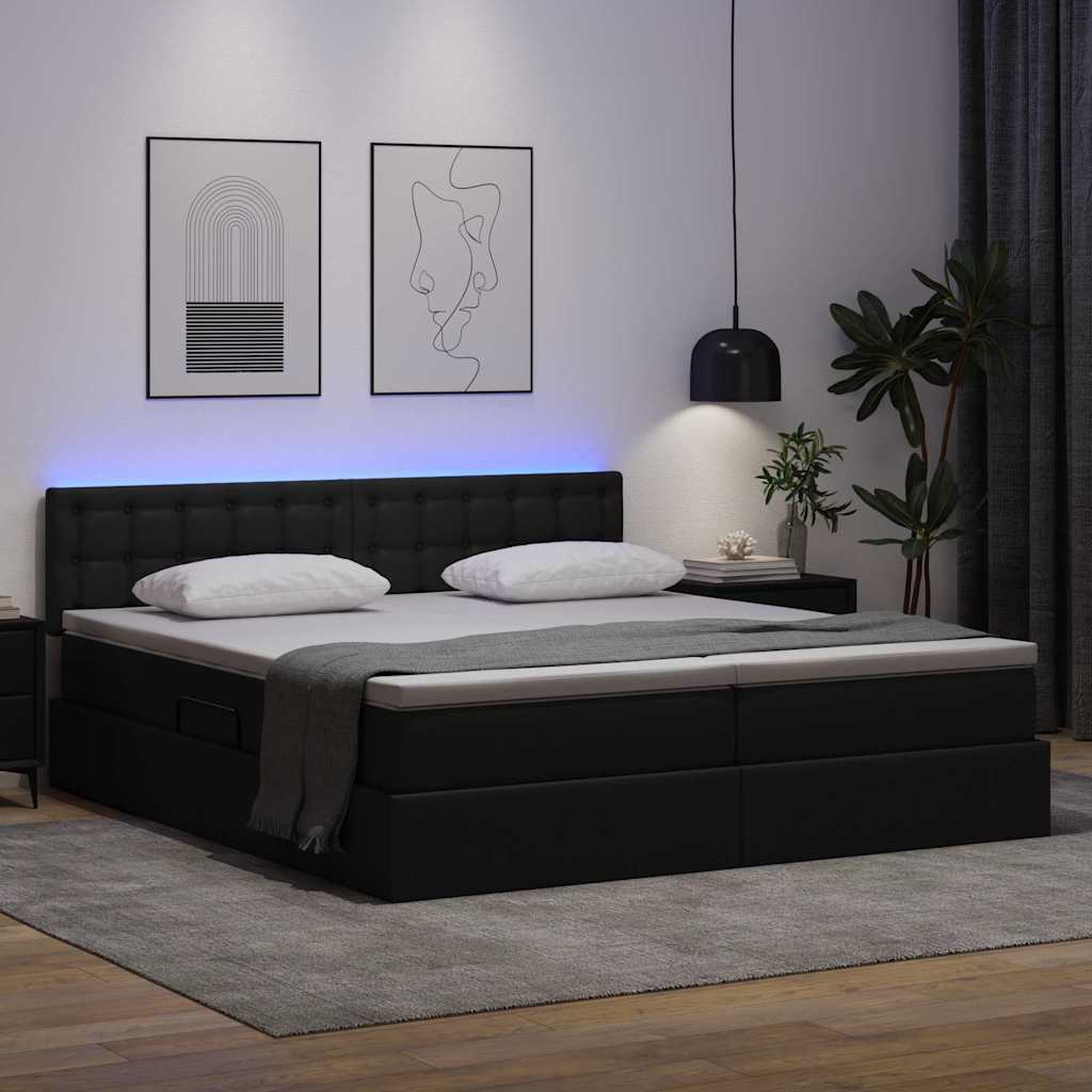 Seng med opbevaring og LED med LED Sort 180 x 200 cm Faux læder