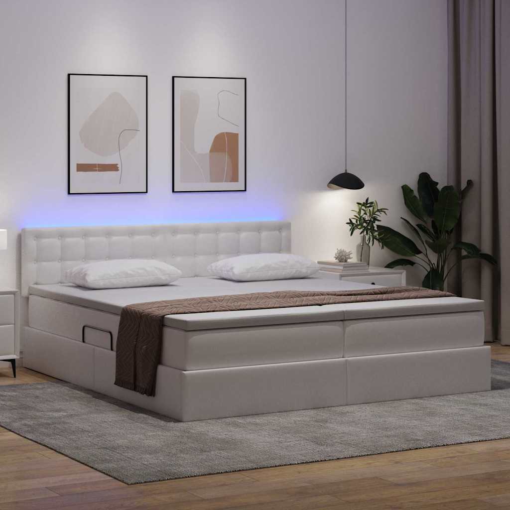 Seng med opbevaring og LED Ren Hvid 200 x 200 cm Faux læder