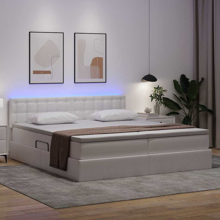 Seng med opbevaring og LED Ren Hvid 200 x 200 cm Faux læder
