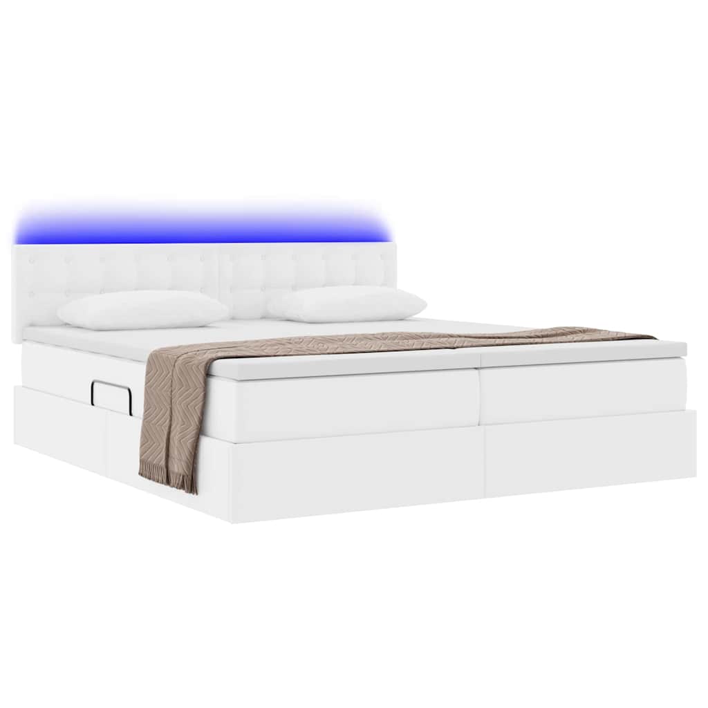 Seng med opbevaring og LED Ren Hvid 200 x 200 cm Faux læder